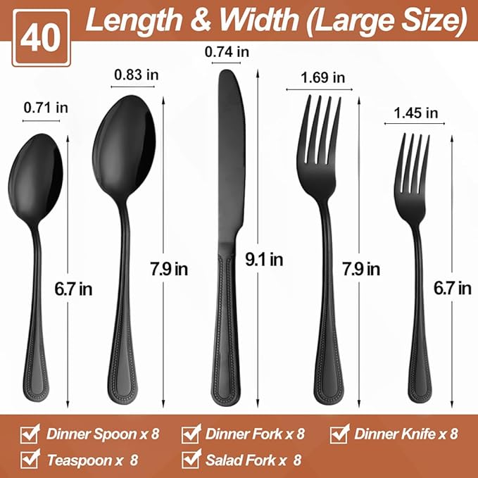 40 Pcs Black Silverware Set for 8 with Pearled Edge Handle design, Food Grade Stainless Steel Flatware Set, Eating Utensils Sets Include Fork/Knife/Spoon, Reusable Cutlery Set, Dishwasher Safe-Ruum Studio Home