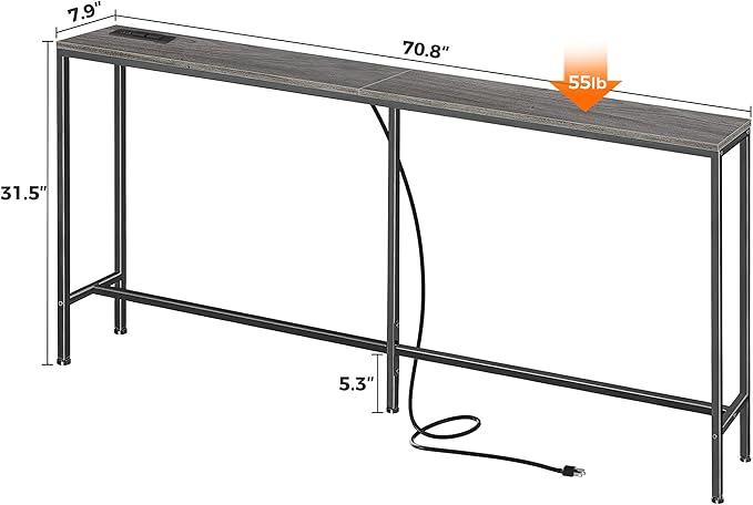 SUPERJARE 70 Inch Console Table with Outlet, Sofa Table with Charging Station, Narrow Entryway Hallway Table, Behind Couch Table, for Living Room, Charcoal Gray-Ruum Studio Home