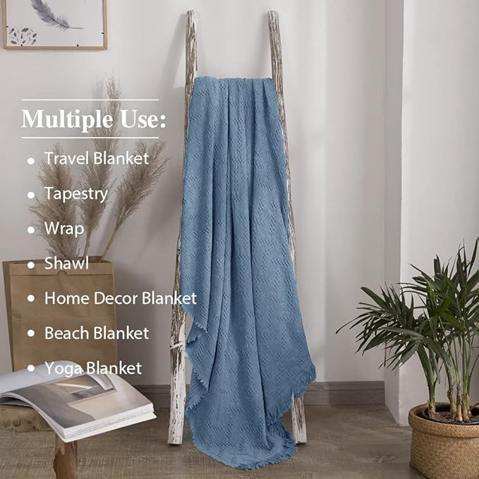 Simple&Opulence 100% Cotton Throw Blanket for Bed, Couch, Boho Luxury Geometric Knit Woven Blanket with Tassels Soft Lightweight Cozy Breathable, Vintage Farmhouse Decoration for All-Season(Blue)-Ruum Studio Home