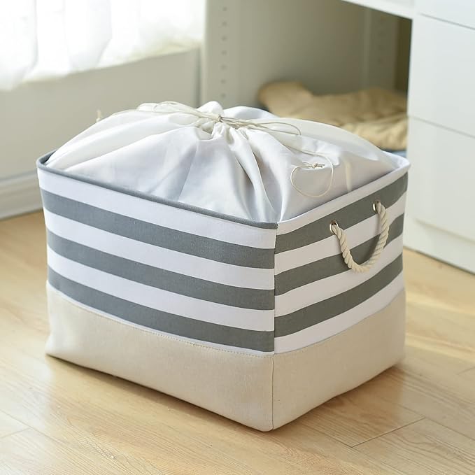TheWarmHome Jumbo Storage Bins Baskets, Sturdy Fabric Organizing Basket W/Handles, Decorative Foldable Storage Baskets for Shelves Closet Nursery Toy (Grey&White Stripes 3 Pack, 20.5Lx15.7Wx13.8H in)-Ruum Studio Home
