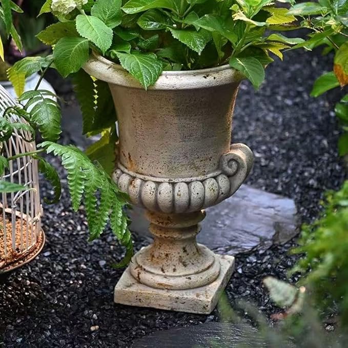 Vintage European Garden Urn Planter, Decorative Cement and Fiber Flower Pot, Make Antiqued Finished, H=19.7in, Wrap Foam Safely Delivered from Local Warehouse (Antiqued, Medium)-Ruum Studio Home