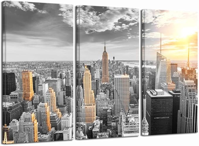 LevvArts Large 3 Piece New York City Canvas Wall Art Modern Black and White NYC at Gold Sunset Picture Prints Cityscape Skyline Poster Framed for Home Office Living Room Decor-Ruum Studio Home