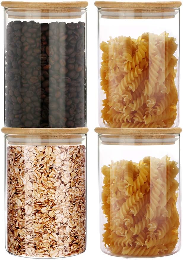 SIXAQUAE Glass Food Storage Containers Jar Seal Bamboo Lids 4 Packs 1000ml Airtight Canister Organization Sets Stackable…-Ruum Studio Home