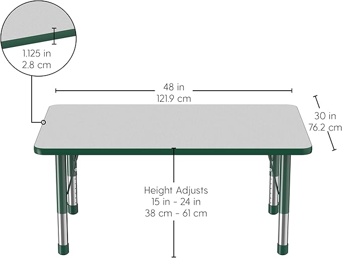 FDP Rectangle Activity School and Classroom Kids Table (30 x 48 inch), Chunky Toddler Legs, Adjustable Height 15-24 inches - Gray Top and Green Edge-Ruum Studio Home