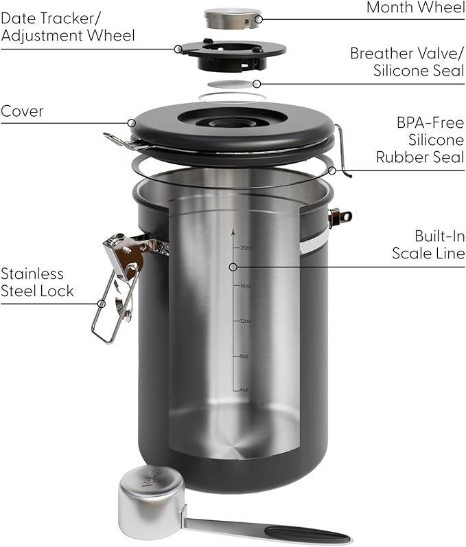 Veken Coffee Canister with Window,Airtight Stainless Steel Container,Home Kitchen Food Storage Organizers for Grounds,Beans,Espresso,Rice,Tea,Sugar,Flour, Cereal,Scoop,Bar Accessories,Gifts,22OZ,Black-Ruum Studio Home