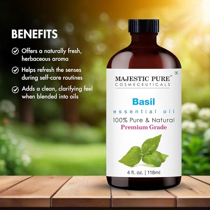 Majestic Pure Basil Essential Oil with Glass Dropper - Huge 4 Fl Oz - 100% Pure and Natural Basil Oil - Premium Grade Essential Oils for Diffuser, Aromatherapy, Soap and Candle Making-Ruum Studio Home