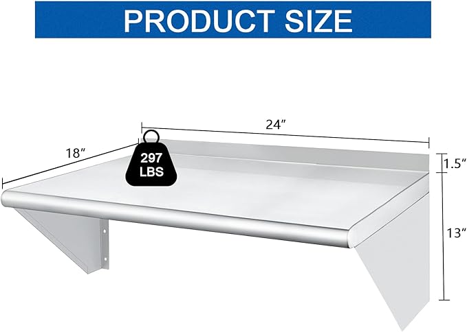 HARDURA Stainless Steel Shelf 18" x 24", 297lb Commercial Shelves Wall Mount Metal Shelving with Backsplash and Brackets for Kitchen, Restaurant, Laundry Room and Home-Ruum Studio Home
