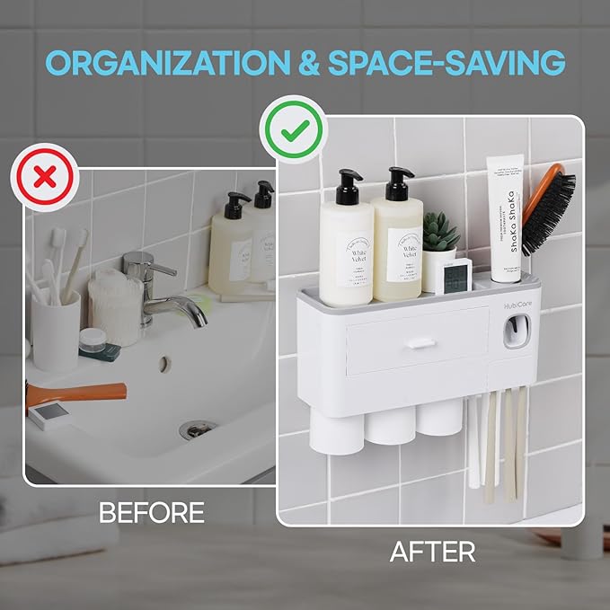 HubiCare Toothbrush Holder with Toothpaste Dispenser Wall Mounted for Bathroom, Automatic Toothpaste Squeezer, Bathroom Organization and Storage, 5 Toothbrush Slots (3 Cups)-Ruum Studio Home