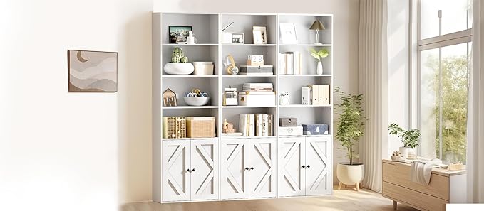 Tall White Bookcase with Doors – Wooden Bookshelf with Storage Cabinet & Shelves for Living Room, Bedroom, or Office-Ruum Studio Home