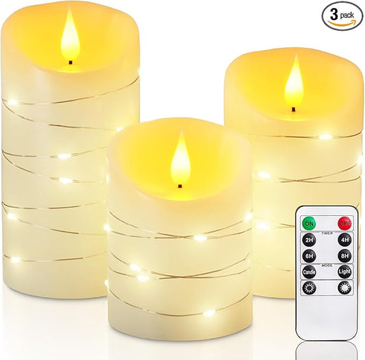 Homemory Flameless Candles with String Lights, 3 Pack Embedded Fairy String Lights LED Candles, Electric Flickering Candles with Remote Control and Timer, Real Wax, Ivory White
