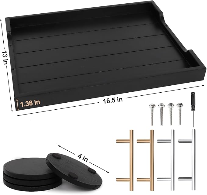 Coffee Table Trays - Large Ottoman Tray for Living Room - Wood Serving Trays with Handles(2 Sets) - Wooden Tray for Coffee Table, 4 Round Coasters Included, Black-Ruum Studio Home
