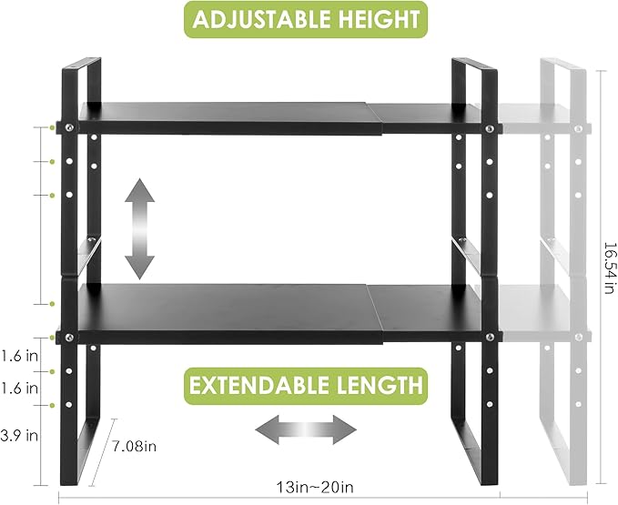 Expandable Cabinet Shelf Organizer Rack, Stackable Kitchen Counter Storage Shelves Stand, Adjustable Height Pantry Shelf Spice Rack (Black, 2 Pack)-Ruum Studio Home