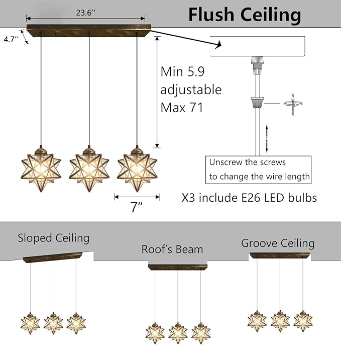 Glam Chandelier 3 Lights Glass Star Pendant Lights for Dining Table Kitchen Island Modern Ceiling Hanging Lights Included LED Warm Light Bulbs Oiled Bronze-Ruum Studio Home
