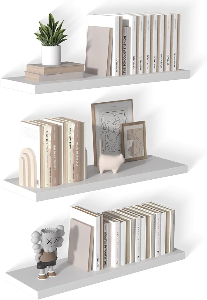 12 Inch Deep Floating Shelves for Wall 3 Pack White Floating Shelves Large Storage Space Wall Mount Shelf for Living Room Kitchen Bathroom 36" W x 12" D x 1.2" H White-Ruum Studio Home