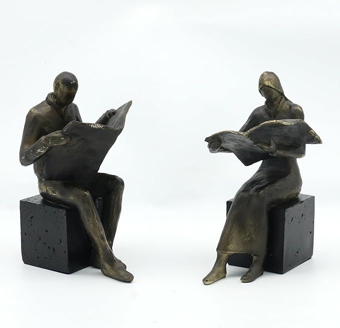 Lukitas Decorative Newspaper Reader Bookends, Heavy Duty Book Holder Non-Slip, Vintage Home Décor Accessories for Study Office Bookshelf, Bronze, Resin, 1Pair/2Piece-Ruum Studio Home