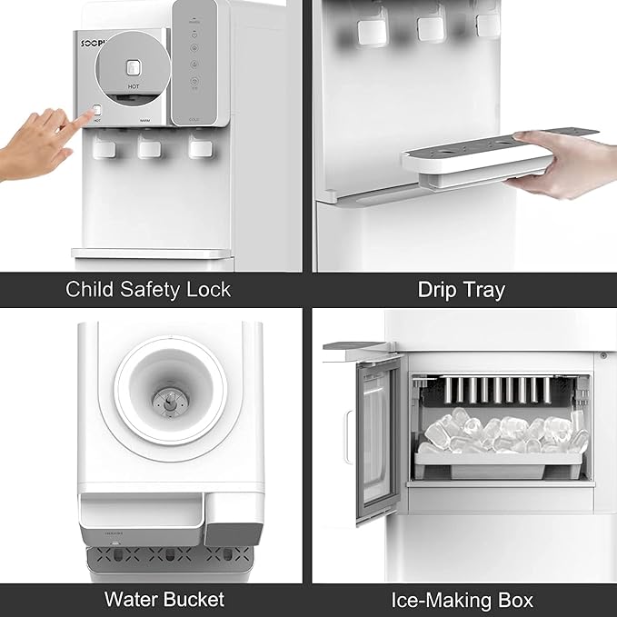 Hot and Cold Water Dispenser with Ice Maker for 5 Gallon Bottle Water Cooler Dispenser Built-in Ice Maker 27 lbs in 24 hrs with Child Safety Lock-Ruum Studio Home