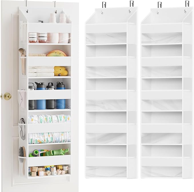 SpaceAid 2 Pack Over The Door Organizer with 5 Large Pockets and 10 Mesh Side Pockets, 5 Layers Door Organizer Hanging with Clear Window for Bedroom, Bathroom, Pantry and Nursery, White-Ruum Studio Home
