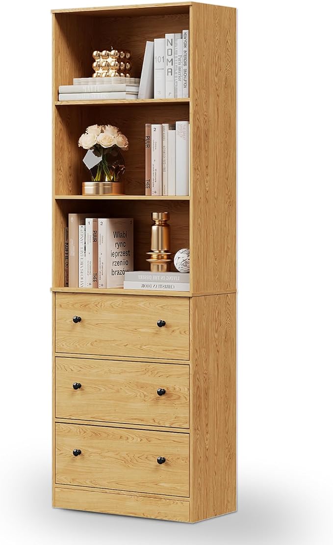 71" Tall Bookshelf with Storage, Bookcase with Drawers, Farmhouse Wooden Corner Book Shelves, Mid Century Modern Book Shelf Wall Standing Home Decor Furniture for Living Room, Bedroom, Office, Kitchen-Ruum Studio Home