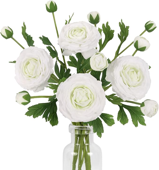 IPOPU 4PCS Real Touch White Ranunculus Artificial Flowers Faux Ranunculus Flowers for Vase Real Look Silk Peonies Fake Peony Flowers for Home Indoor Wedding Centerpieces for Table Decorations (White)-Ruum Studio Home