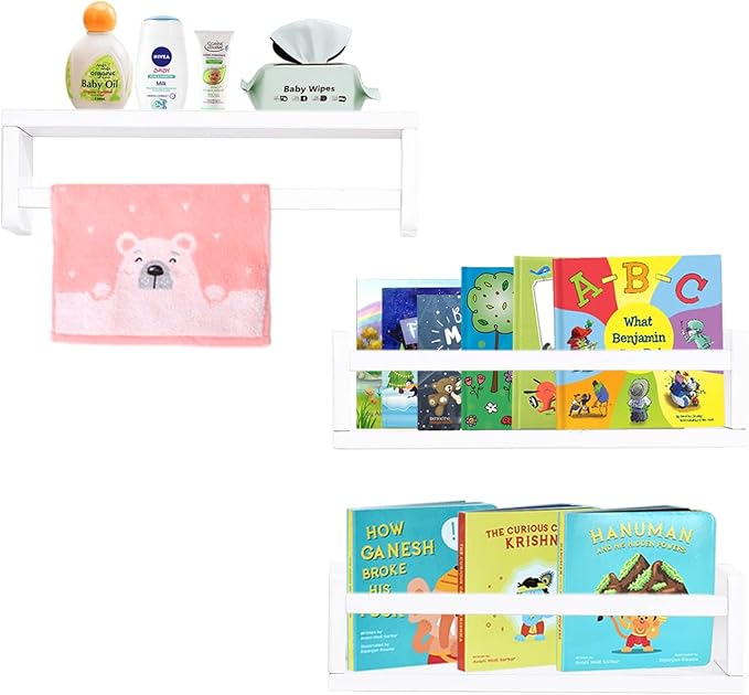 AZSKY Floating Bookshelf for Kids Room White Nursery Shelves Picture Ledge Wall Shelves for Bathroom Decor Kitchen Spice Rack Book Shelf Photo Organizer for Baby Nursery Décor 16 Inch Set of 3-Ruum Studio Home