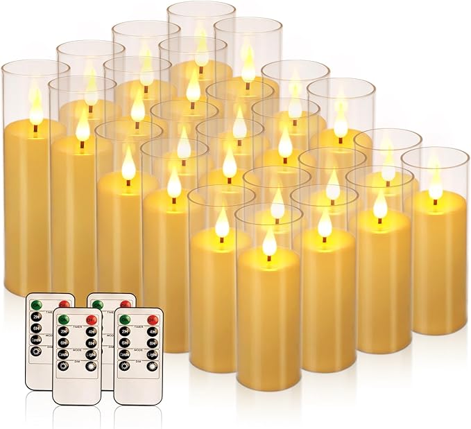 24-Pack Acrylic LED Flameless Pillar Candles with Remote & Timer, Battery Powered - Perfect for Indoor/Outdoor Decor,Wedding,BBQ and Gift - Easily Create a Magical Atmosphere.