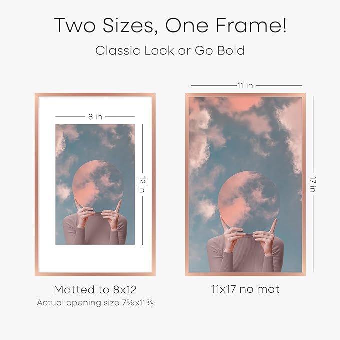 Homeforia 11x17 Picture Frame Rose Gold, High End Metal 11x17 Poster Frames with Mat 8x12 Photo, 11 x 17 Rose Gold Frames Matted to 8 by 12 Print, 17x11 Thin Frames, Tempered Glass, Wall Kit, Set of 1-Ruum Studio Home