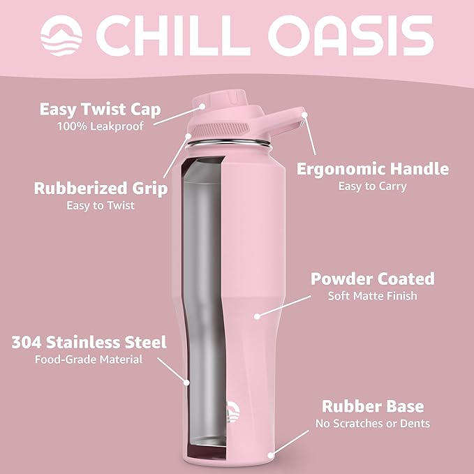 Chill Oasis Water Bottle | Compatible With Popular Flavor Cartridges | BPA Free, Leak Proof, Double-Walled Vacuum Insulated Stainless Steel, and Dishwasher Safe | Cold for 24 Hours (Pink, 32oz)-Ruum Studio Home