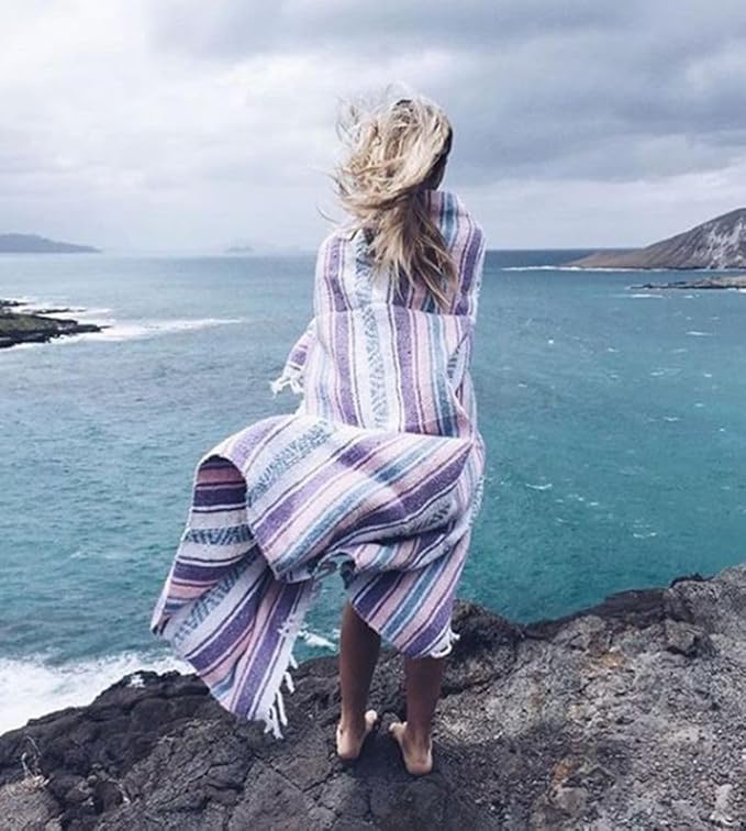 Del Mex Classic Mexican Blanket, Large Authentic Woven Falsa Throw (70"x50"), Artisan Southwest Décor for Beach, Yoga, Outdoors (Light Pink/Blue)-Ruum Studio Home
