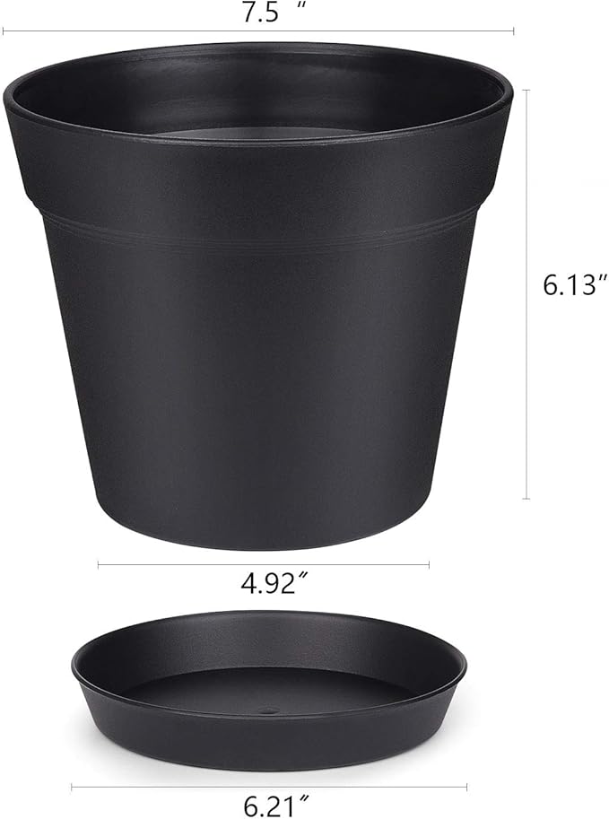 homenote Pots for Plants, 8 Pcs 7.5 Inch Plastic Planters with Multiple Drainage Holes and Tray - Plant Pots for All Home Garden Flowers Succulents, Matte Black-Ruum Studio Home