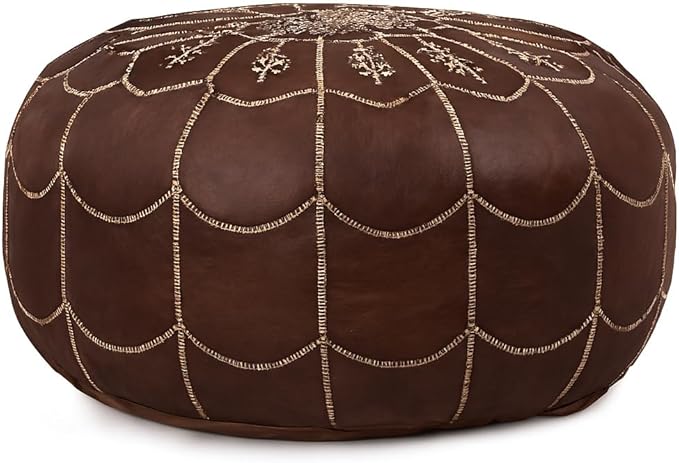 Stuffed Arch Design Moroccan Leather Pouf Ottoman, Handmade, Pre-Filled, 100% Genuine Leather, 14” Height x 22” Diameter – Boho Chic Footstool & Living Room Décor (Brown)-Ruum Studio Home