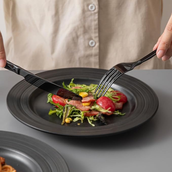 KINGSTONE Black Silverware Set, Luxury 40 Piece Flatware Set for, 18/10 Stainless Steel Cutlery Set with Diamond Cut Pattern for Kitchen, Home, Wedding, Party, Mirror Polished and Dishwasher Safe-Ruum Studio Home