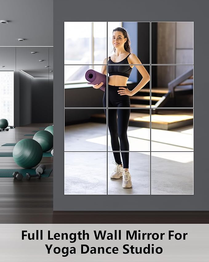 Home Gym Mirrors 12 Inch x 12Pcs Full Length Mirror Tiles Acrylic Unbreakable Wall Mounted Mirror Frameless Full Length for Home Gym, Bedroom, Door-Ruum Studio Home