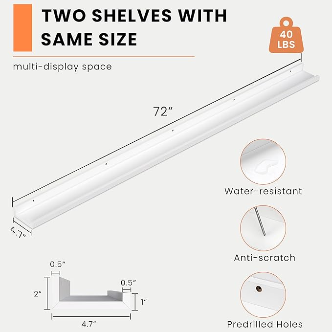 Heimlove Picture Ledge Shelf, Floating Shelves Set of 2, 72 Inches Long Large Picture Shelf for Wall with Ledge, Kids Bookshelf Wall Mounted for Living Room Bedroom Decor Books Photo Frames, White-Ruum Studio Home