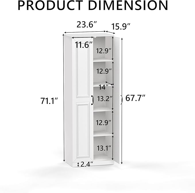 Storage Cabinet/Pantry cabinets, Soft White Finish, 71" Tall Wood Cupboard with 2 Door and 3 Adjustable Shelves for Kitchen, Dining Room, Living Room, Bathroom (Style 1)-Ruum Studio Home