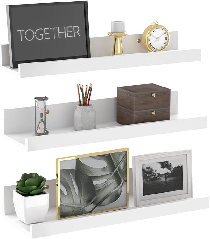 Giftgarden 16 Inch White Floating Shelves for Wall Mount, Modern Wood Wall Shelf Ledge for Bathroom Bedroom Living Room Kitchen Nursery Storage, Set of 3 Different Sizes-Ruum Studio Home