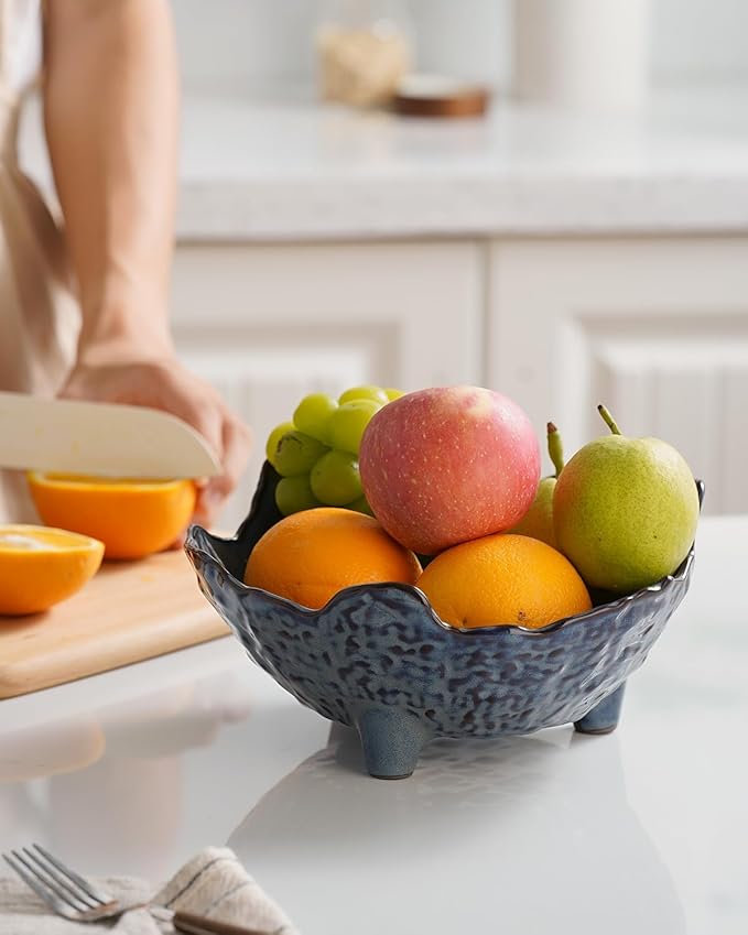 Fruit Bowl, Porcelain Oval Bowl for Kitchen Counter Large Decorative Bowl for Home Decor Centerpiece Bowl for Fruit, Vegetable, Breads, Nuts, Blue-Ruum Studio Home