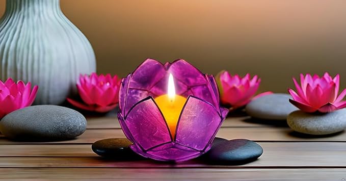 Blooming Lotus Capiz Shell Tealight Candle Holder, Handcrafted Decorative Tea Light Candleholder with Translucent Flower Petals for Ambient Illumination and Natural Elegance, Purple-Ruum Studio Home
