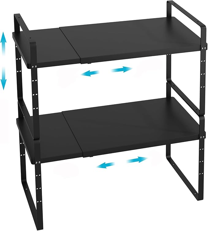 iPEGTOP 2 Pack Expandable Cabinet Storage Shelf Organizer Rack, Heavy Duty Steel Metal Spice Rack Adjustable Height Office Garage Pantry Shelf Space Riser for Counter Kitchen Organization, Black-Ruum Studio Home
