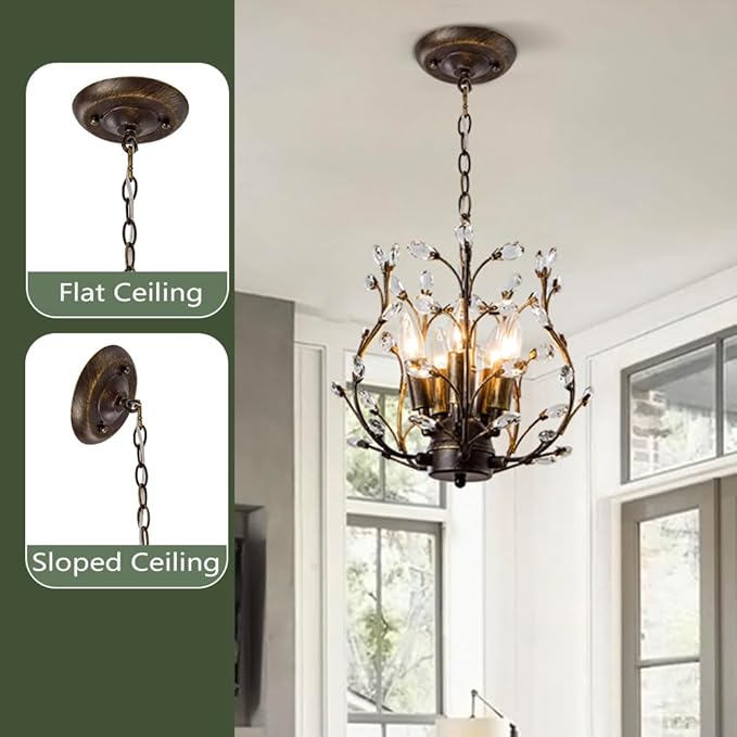 5-Light Vintage Crystal Branch Chandelier Farmhouse Hanging Pendant Light Fixtures for Living Room Dining Room Foyer Kitchen Island Hallway, Aged Bronze-Ruum Studio Home
