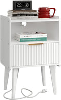 Fluted Nightstand with Charging Station, Modern Bedside Table with Drawer,White Nightstand with Solid Wood Legs, End Table,Side Table for Living Room,Bedroom White CTG57WE-Ruum Studio Home