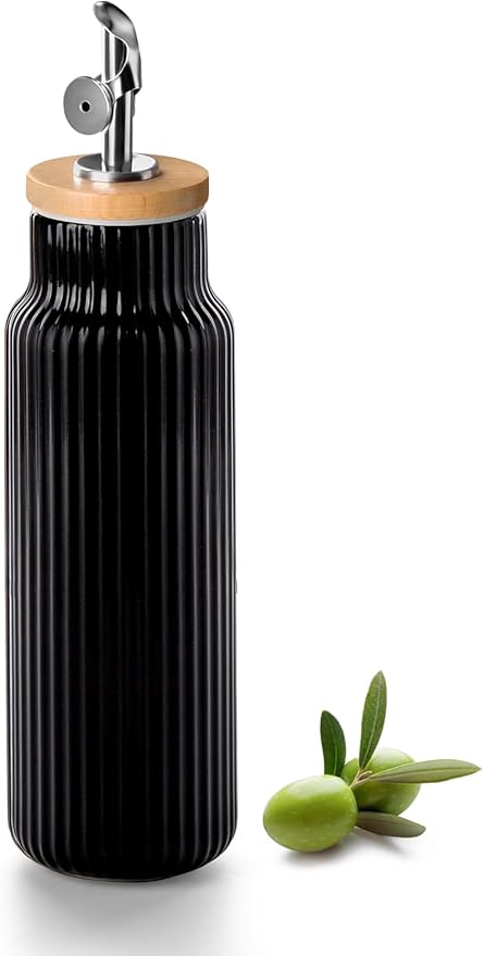 Nucookery Ceramic Olive Oil Dispenser Bottle for Kitchen, 14 oz Opaque Vinegar Dispenser Bottle, Large Capacity Cooking Oil Container for Storage Vinegar, Soy Sauce, Coffee Syrup, Black-Ruum Studio Home