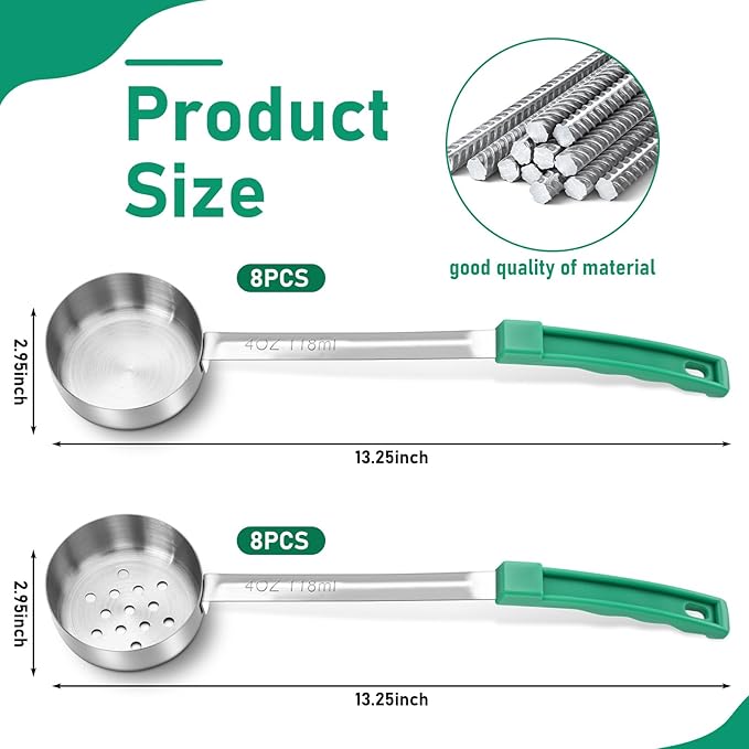 16 Pcs Portion Control Serving Spoons, Restaurant Measuring Serving Ladle Utensils, Portion Control Slotted Scoops for Weight Loss, Solid and Perforated Scoops(Green,4 oz)-Ruum Studio Home