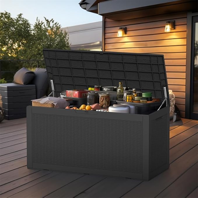 100 Gallon Outdoor Deck Box,Storage Lockable Waterproof Patio Furniture,Garden Tools,Cushions,Pool Accessories Outside Storage Resin Box(Black)-Ruum Studio Home