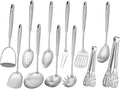 18/10 Stainless Steel Kitchen Utensils Set - 12 PCS All Metal Cooking Tools & 15″ Serving Utensils - Potato Masher, Meat Fork, Tongs, Turner, Pasta, Serving Spoon, Skimmer, Ladle, Spatula Spoon Set-Ruum Studio Home