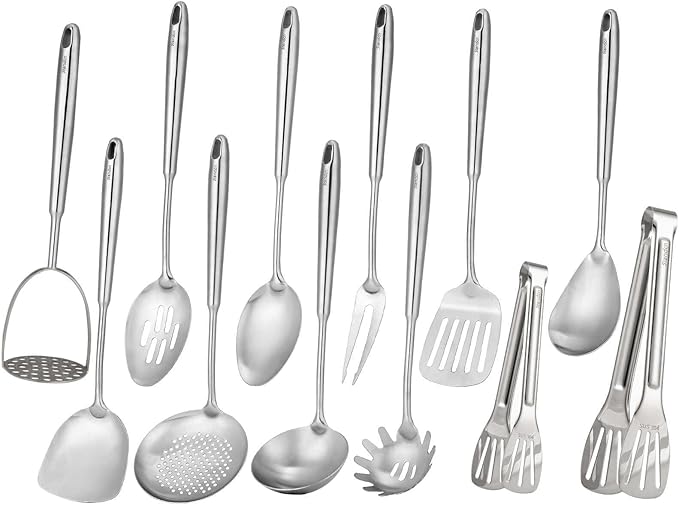 18/10 Stainless Steel Kitchen Utensils Set - 12 PCS All Metal Cooking Tools & 15″ Serving Utensils - Potato Masher, Meat Fork, Tongs, Turner, Pasta, Serving Spoon, Skimmer, Ladle, Spatula Spoon Set-Ruum Studio Home