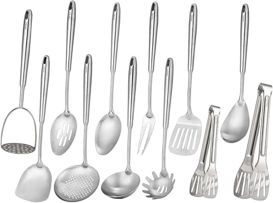 18/10 Stainless Steel Kitchen Utensils Set - 12 PCS All Metal Cooking Tools & 15″ Serving Utensils - Potato Masher, Meat Fork, Tongs, Turner, Pasta, Serving Spoon, Skimmer, Ladle, Spatula Spoon Set-Ruum Studio Home