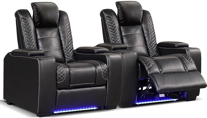ANJ Power Home Theater Seating Set of 2, PU Leather Electric Recliner Chair with Powered Headrest, Dual Motors Movie Reclining Chairs with LED Lights,USB Port, Cup Holders, Hidden Arm Storage (Black)-Ruum Studio Home