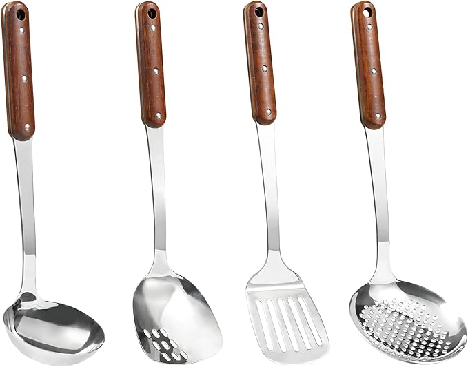 FJNATINH Stainless Steel Wok Spatula,Slotted Spatulas,Ladle,Skimmer Ladle Tool Set,Mirror Polished Cooking Utensils Kitchen Cookware, Pack of 4,Sliver-Ruum Studio Home