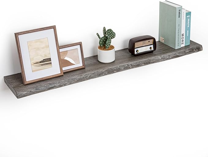 Fun Memories Floating Shelves for Wall, 48"x9.3" Rustic Solid Live-Edge Elm Wood Wall Shelves, Heavy-Duty Floating Shelves with Invisible Brackets for Living Room, Bedroom, and Kitchen, Grey Finish-Ruum Studio Home
