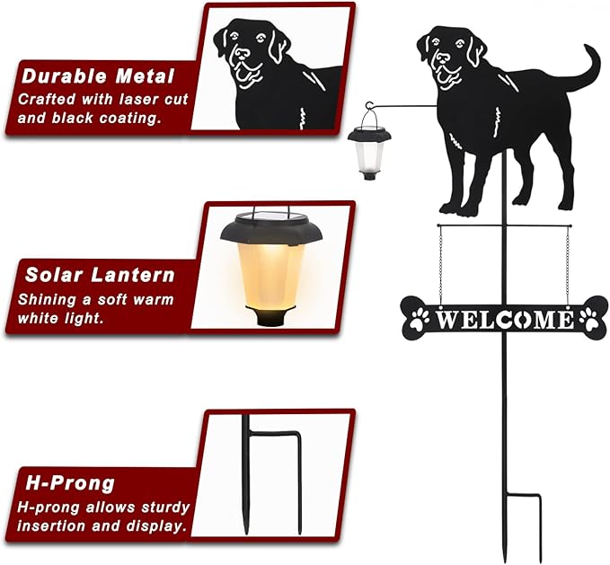 BAYN Solar Labrador Silhouette Dog Breed Welcome Sign with a Lantern Outdoor Decorative Garden Stakes for Yard, Lawn, Patio, Pathway-Ruum Studio Home
